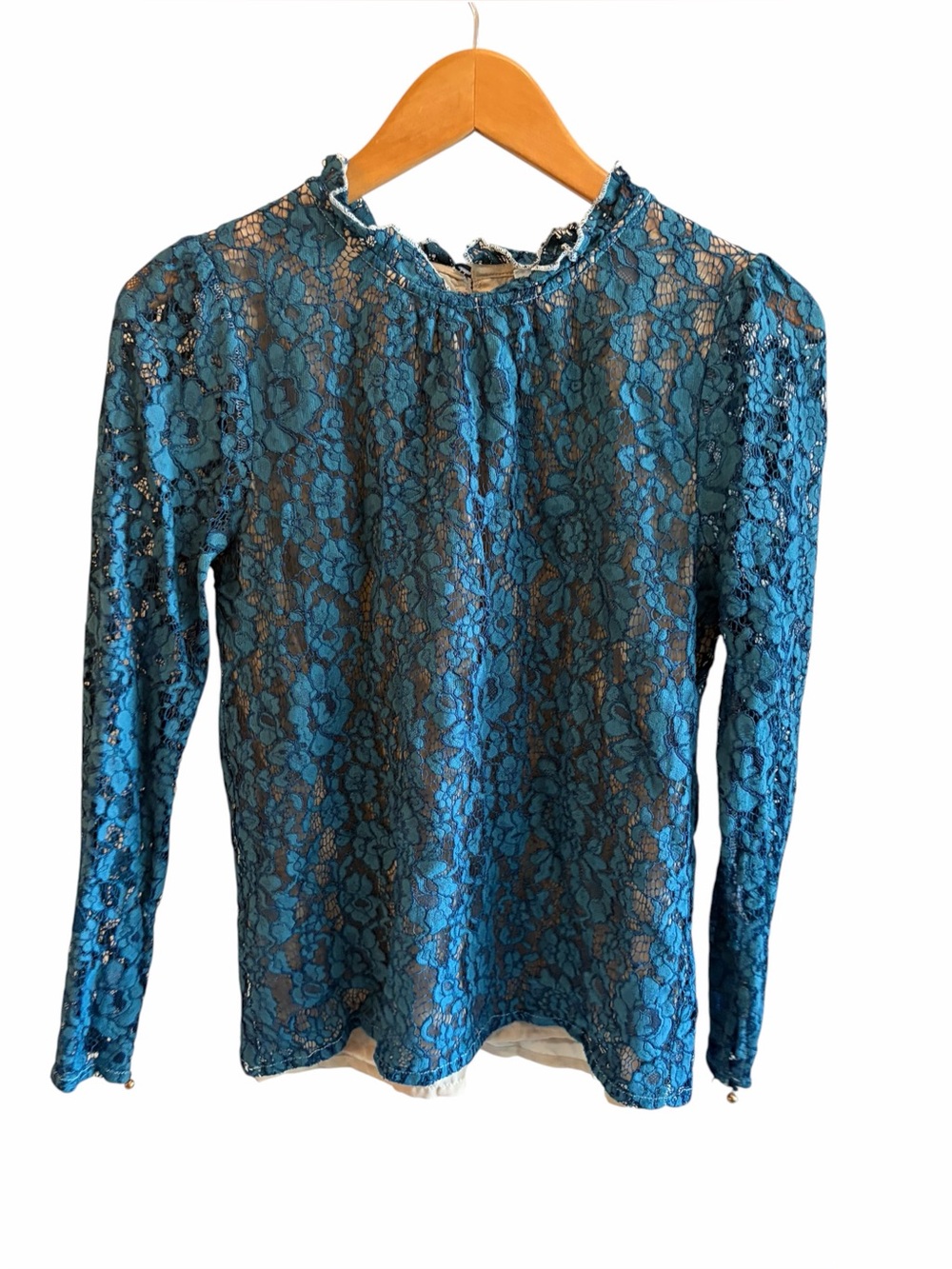 MORNING LAVENDER Teal Lace Whimsigoth High Neck Blouse Romantic Indie Sleeve